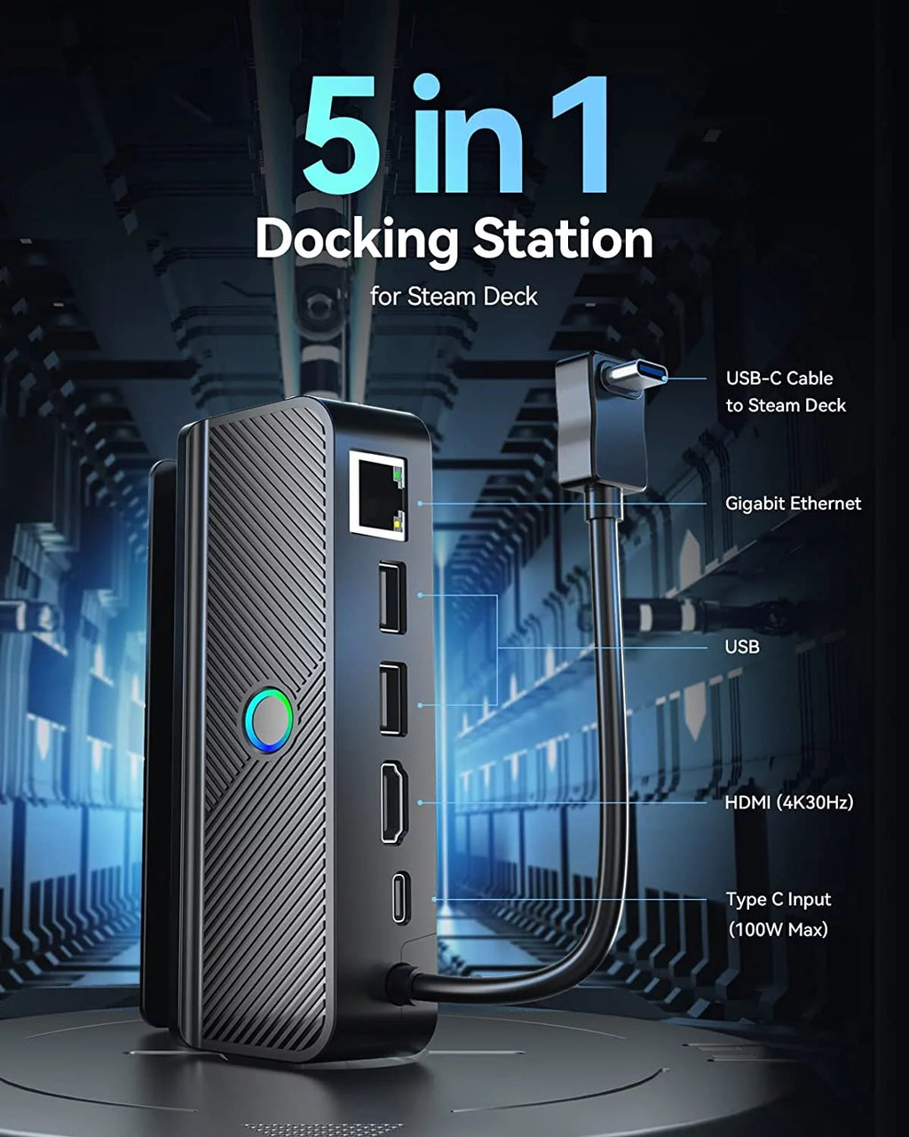 Steam Deck Dock with Gigabit Ethernet, HD 2.0, 2 USB-A, 100W Charging Port Q8117