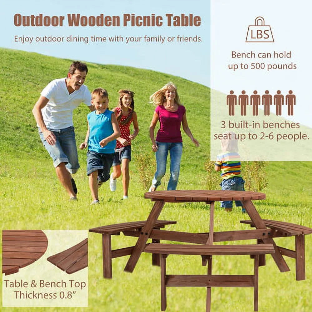 6-Person Circular Outdoor Wooden Picnic Table with 3 Built-in Benches K5521