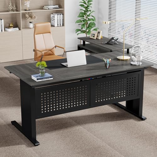 Gray and Black L Shaped Executive Desk with File Cabinet and Drawers X179