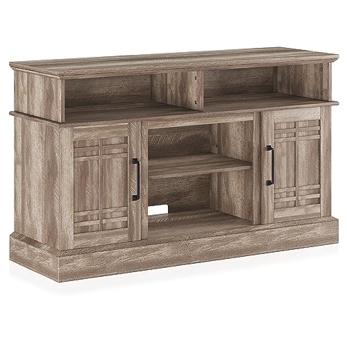 White Wood TV Stand with Open Storage Shelves and Cabinets D4660