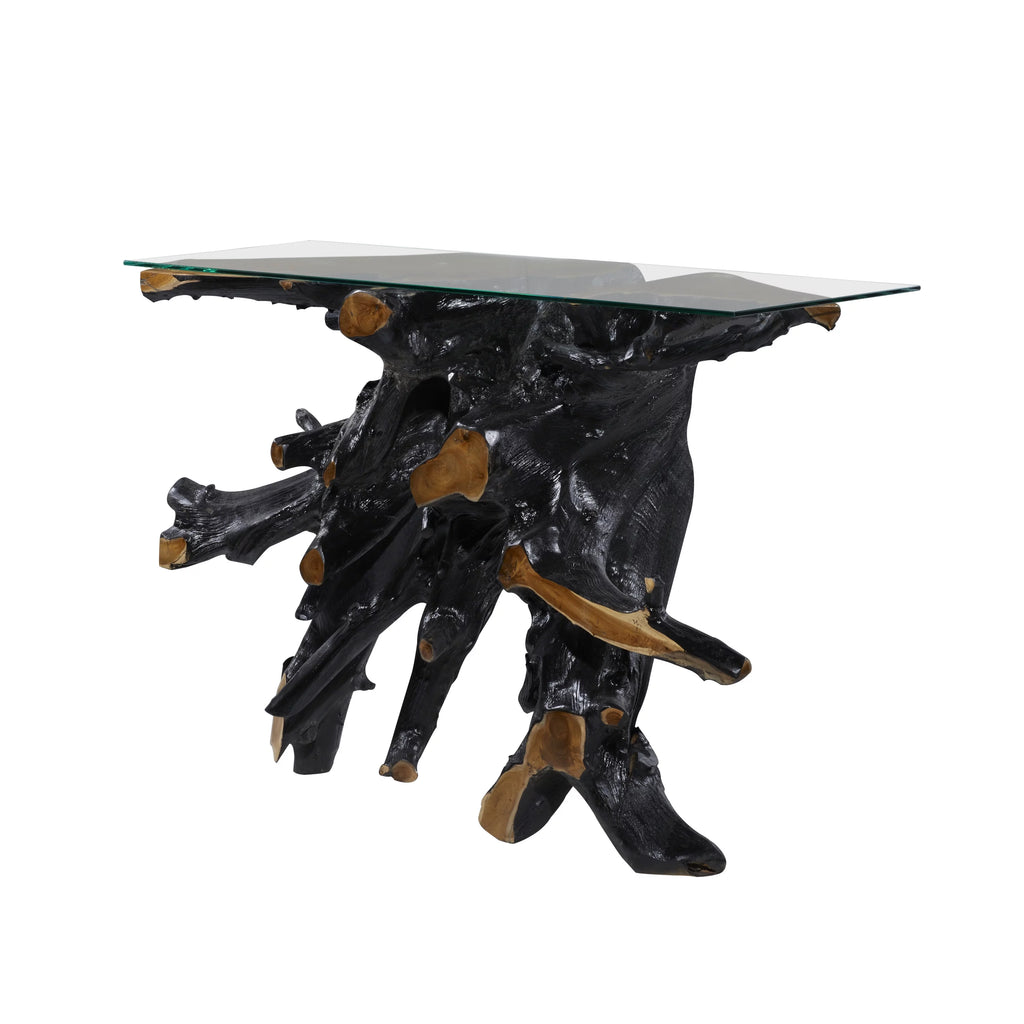 Black Teak Wood Console Table with Clear Glass Top X9588