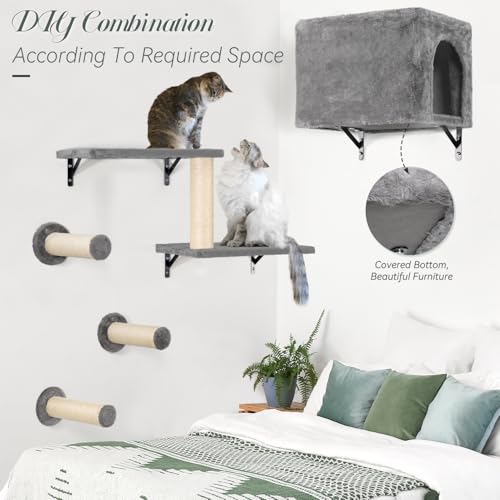 5-in-1 Wall-Mounted Cat Climber Set with House, Bridge, Steps, Scratcher, Hammock, Shelves Q44124