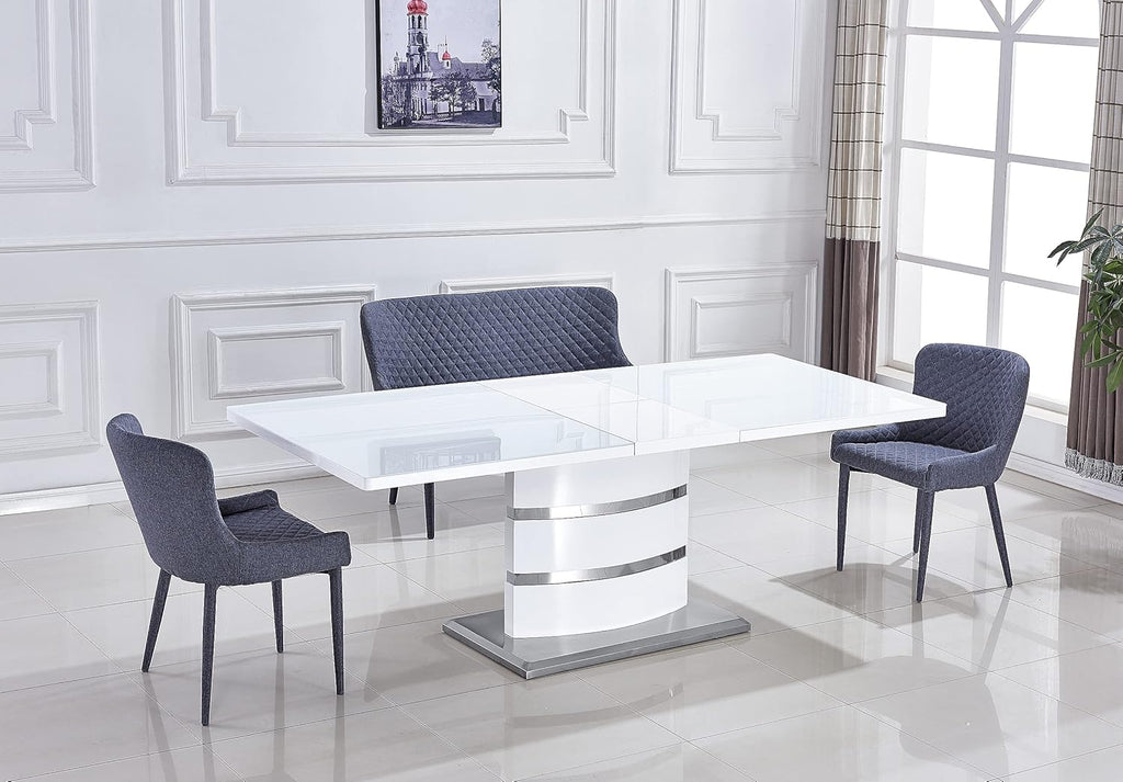 Extendable Dining Table with Butterfly Leaf, White High Gloss Lacquer MDF Base, Stainless Steel, 8 to 12 Person D448566