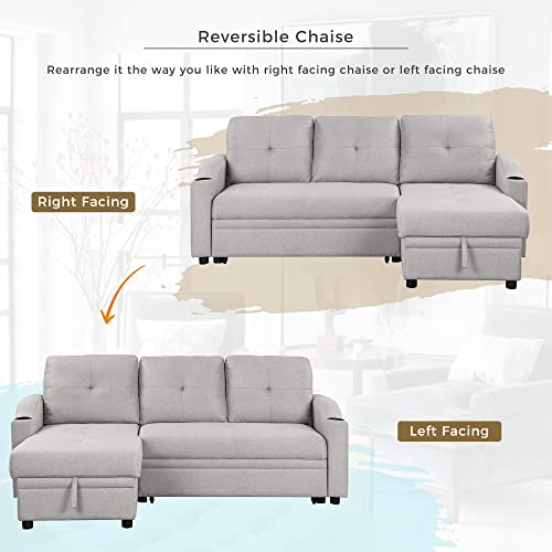 80.3" Linen Fabric 3 Seater Sofa Bed with Storage Chaise W1995
