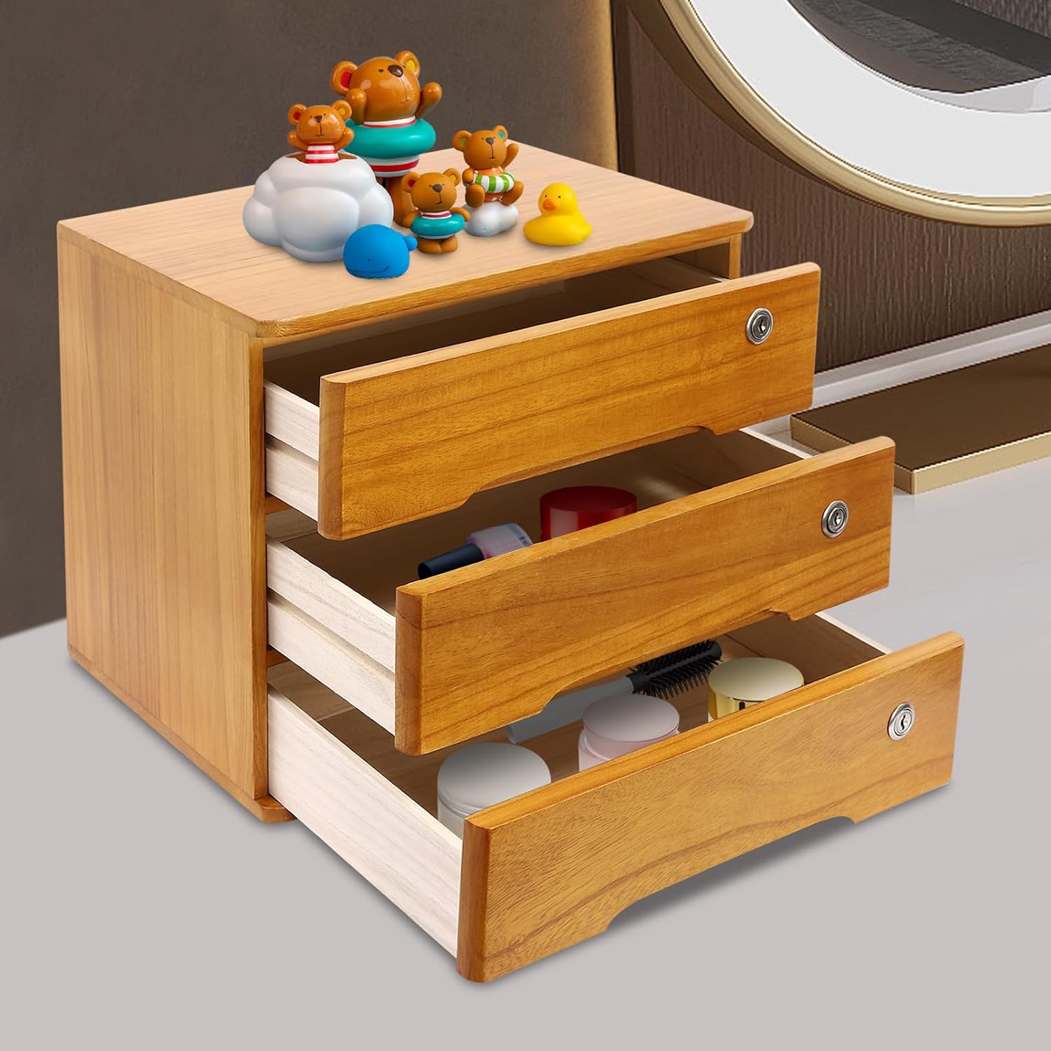 3-Tiers Wooden Desktop Storage Box with Lockable Drawers S937068