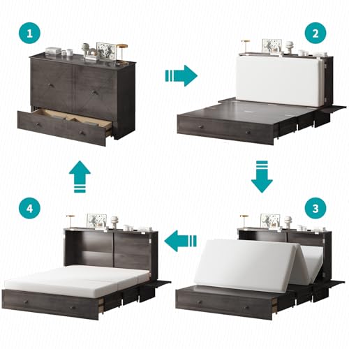 Murphy Bed with USB Charging Station, Memory Foam Queen Size Mattress, Storage Drawer M164818