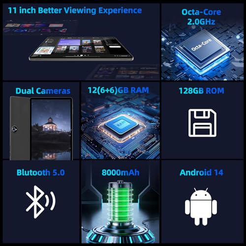 11inch Android 14 Tablet, Octa-core CPU, 12GB+128GB+1TB Expand, 8000mAh Battery N93400
