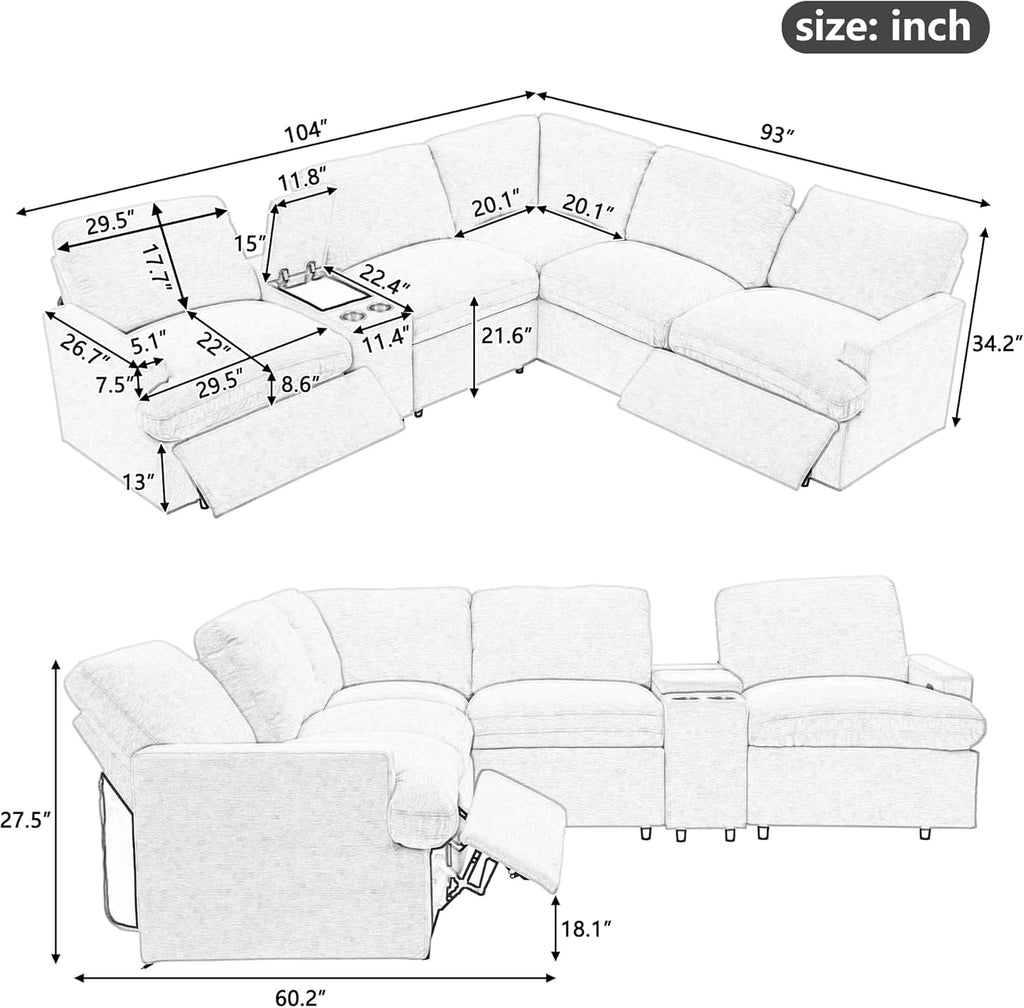 104'' L-shaped Power Recliner Sofa Couch with Storage Box, Cup Holders, USB Ports, Dark Grey J47252