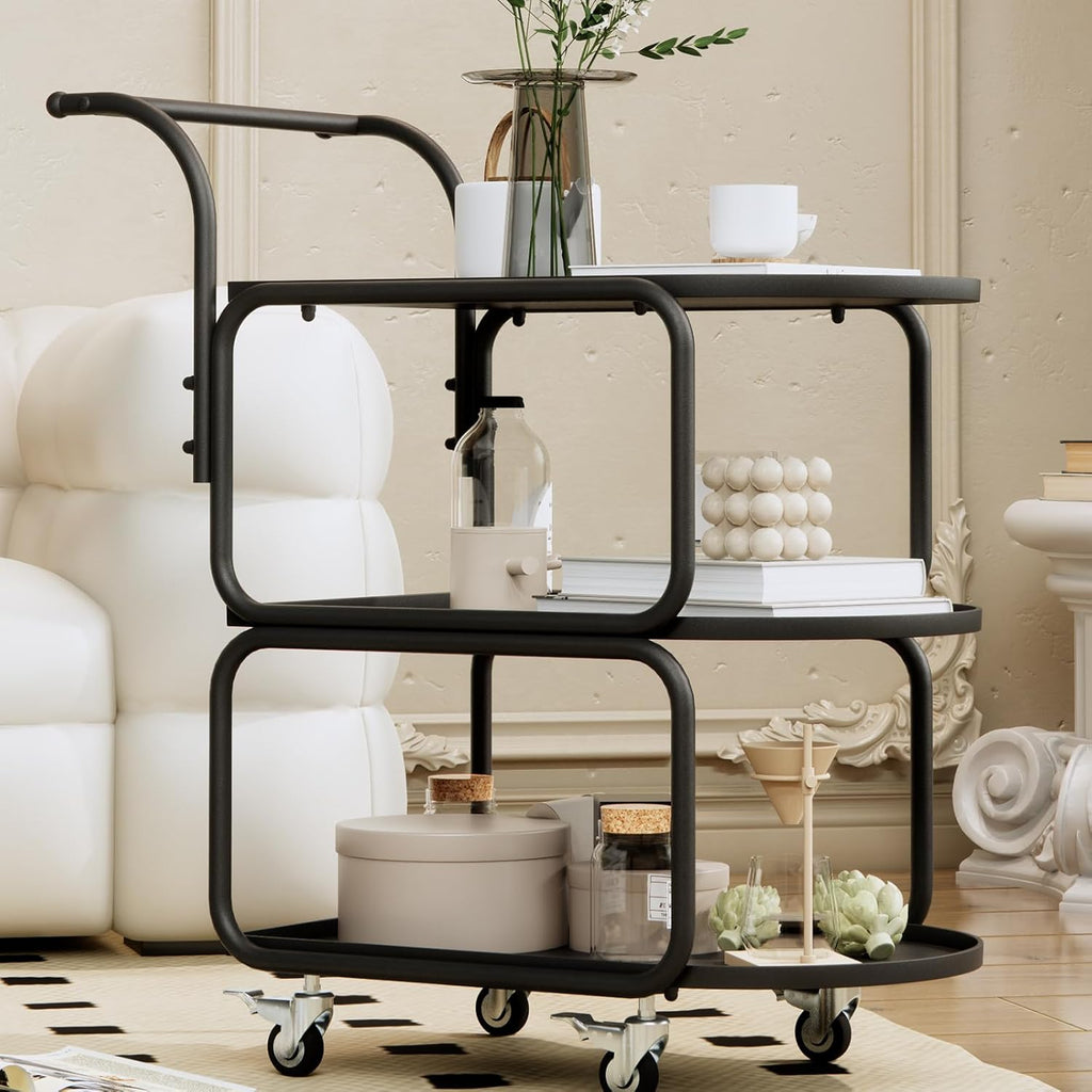 Matte Black 3-Tier Rolling Metal Bar Cart with Lockable Wheels I614