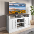 White Wood TV Stand with Open Storage Shelves and Cabinets D4660