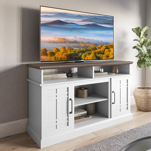 White Wood TV Stand with Open Storage Shelves and Cabinets D4660