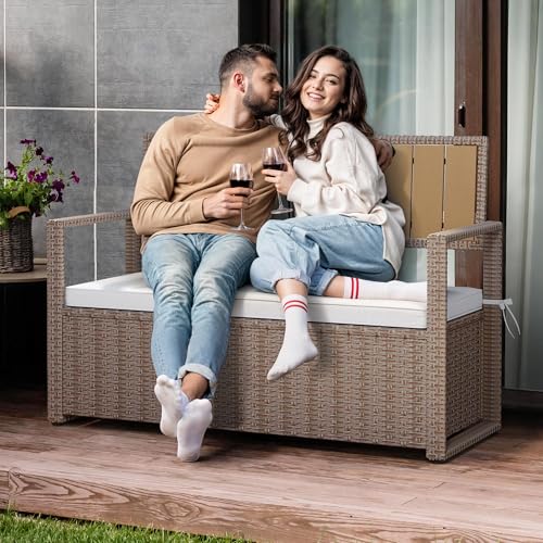 Black Beige 90 Gallon Outdoor Wicker Storage Bench with Cushion J1291