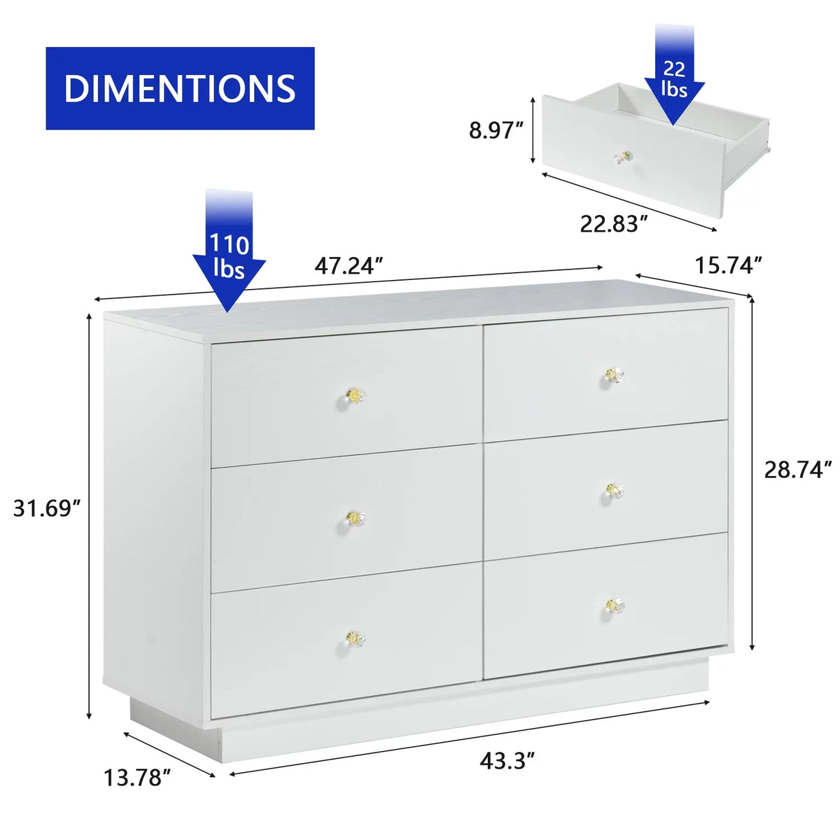 White 6 Drawer Dresser S880