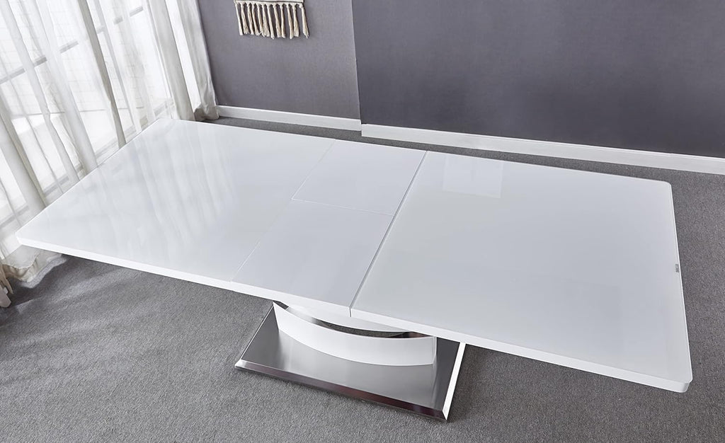 Extendable Dining Table with Butterfly Leaf, White High Gloss Lacquer MDF Base, Stainless Steel, 8 to 12 Person D448566