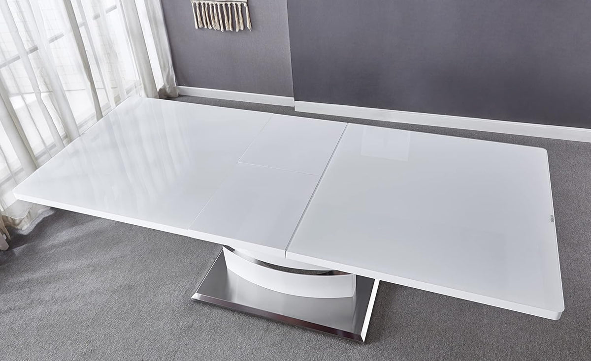 Extendable Dining Table with Butterfly Leaf, White High Gloss Lacquer MDF Base, Stainless Steel, 8 to 12 Person D448566