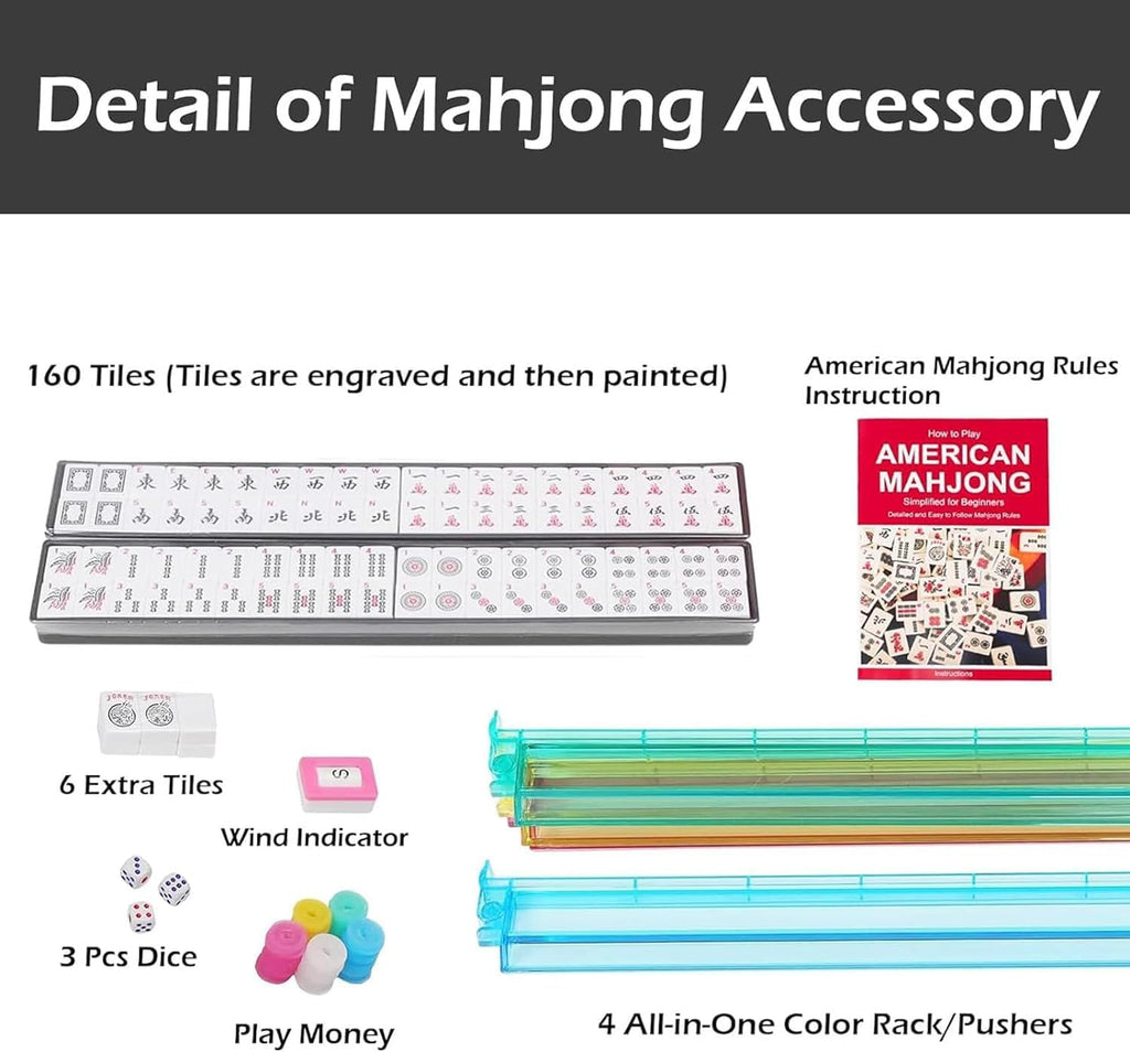 166 White Tiles Mahjong Game Set with 4 Color Rack Pushers, Black Carrying Bag, Mat with 3 Dice C491730