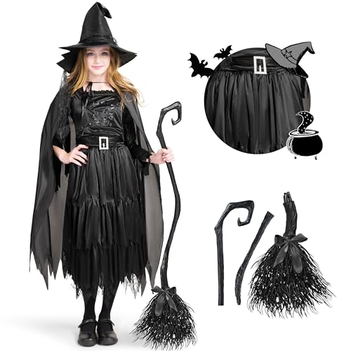 Classic Kids Witch Costume Black Witch Dress with Broom and Hat XL Y930
