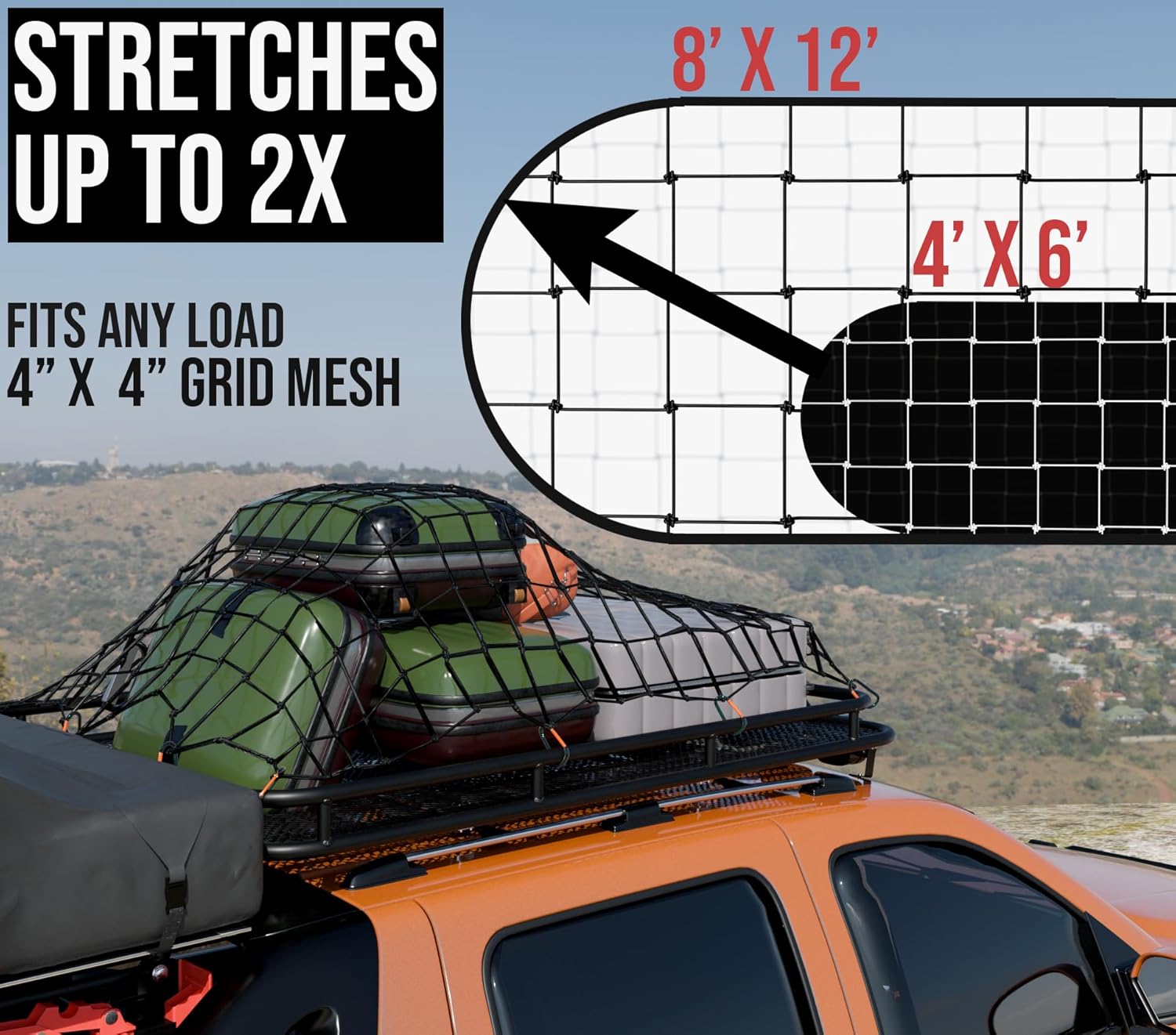 4'x6' Stretches to 12'x8.5' Durable Latex Mesh Bungee Cargo Net with 12 Metal Carabiners C5093