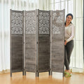 4 Panel Gray Wood Carved Folding Room Divider P4471