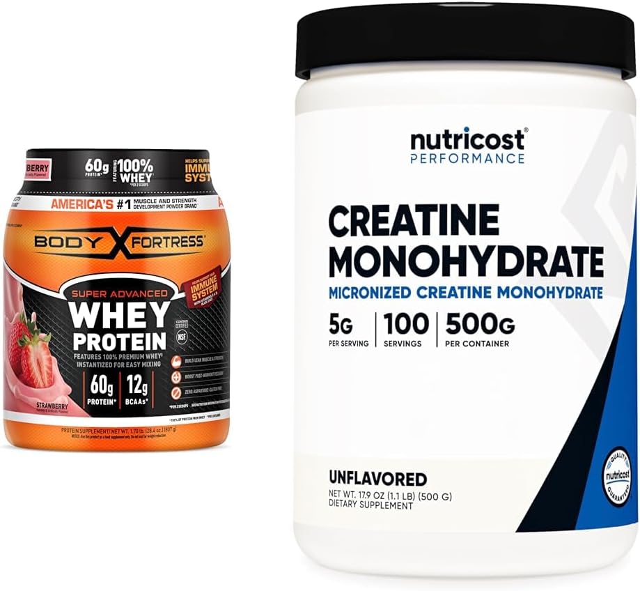 Whey Protein Powder, Strawberry, 60g Protein, 12g BCAAs Per 2 Scoops, Creatine Monohydrate Micronized Powder 500G, 5000mg Per Serv (5g), 100 Servings C809