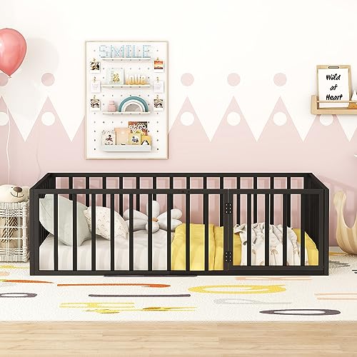 Full Montessori Floor Bed with Door (Black) S99835