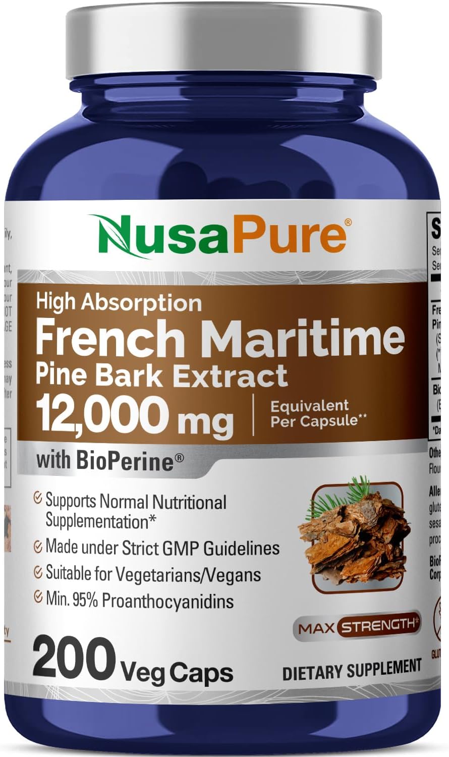 French Maritime Pine Bark Extract 12,000 mg Veggie Caps 200-Day Supply L548