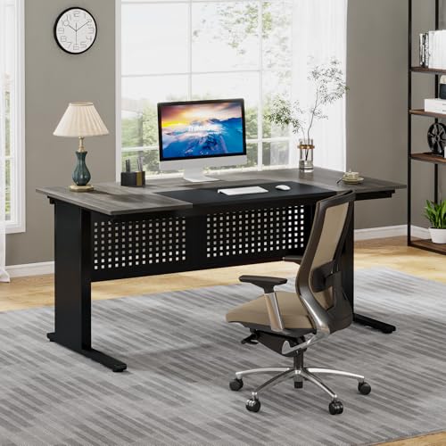 Gray and Black L Shaped Executive Desk with File Cabinet and Drawers X179