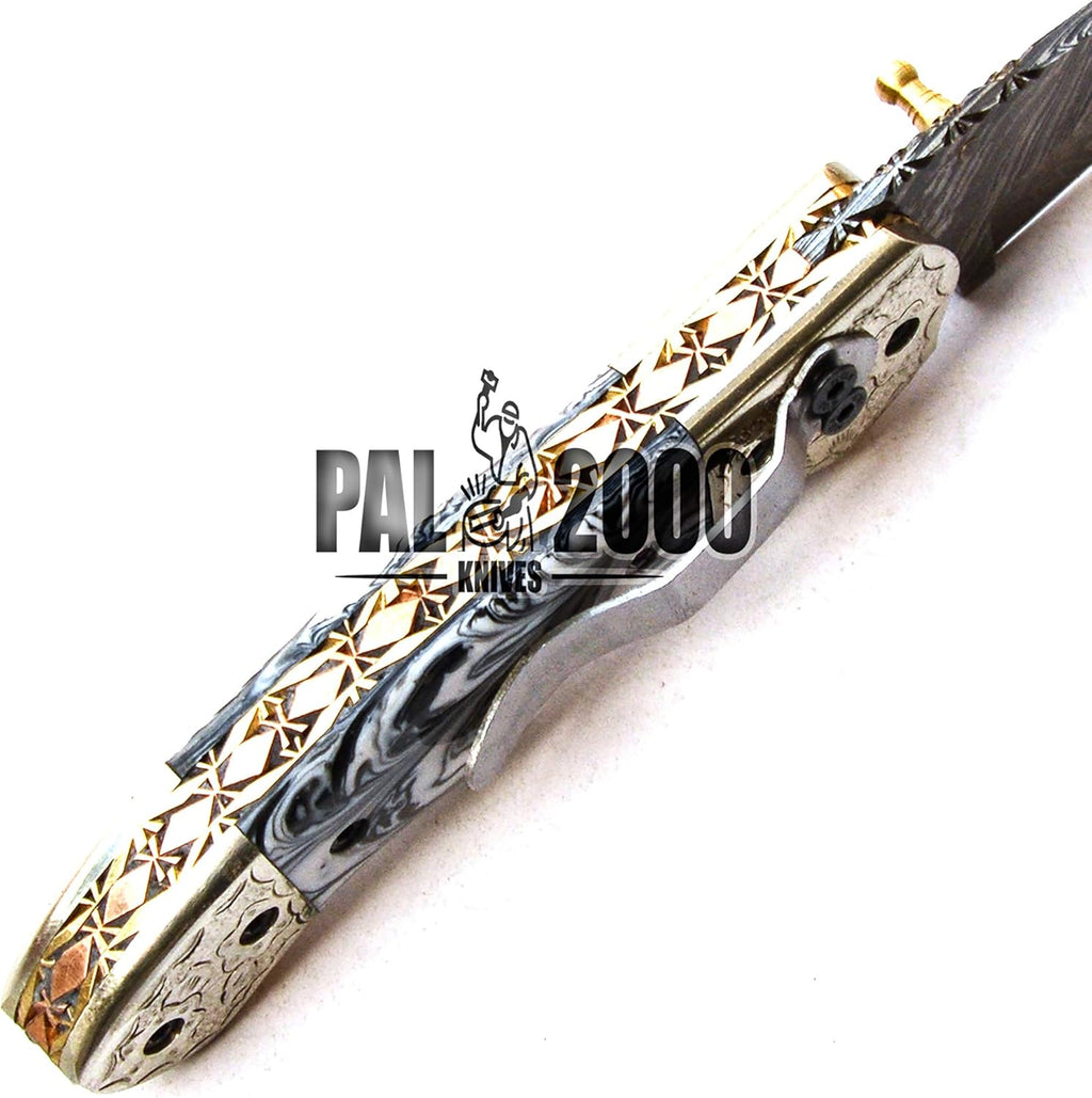 Handmade Damascus Steel Folding Pocket Hunting Knife with Sheath G210