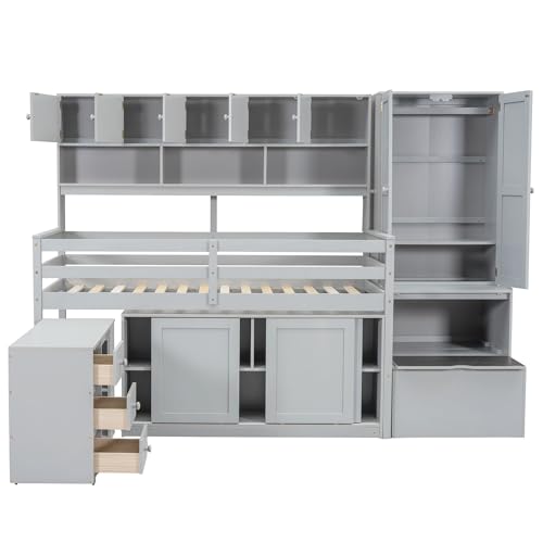 White Low Wood Loft Bed Twin Size with Rolling Desk and Drawers F58340