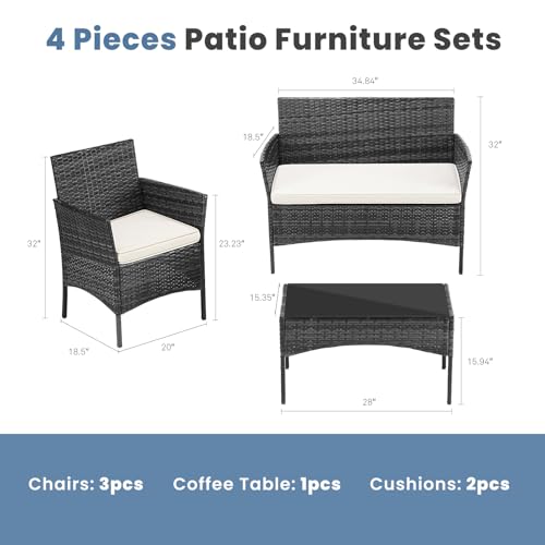 Black 4 Piece Outdoor Wicker Patio Furniture Set with Coffee Table and Sofa Q525845