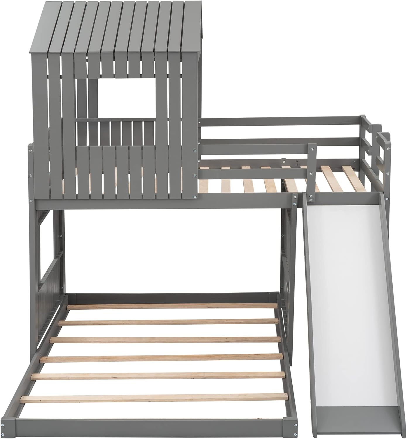 Gray Wood Twin Over Full Bunk Bed with Ladder and Slide R428