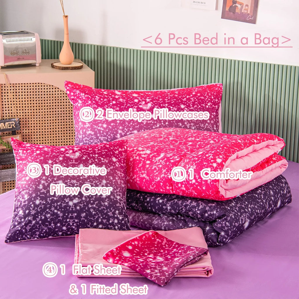 6Pcs Twin Gradient Pink Purple Glitter Comforter Sets P884178