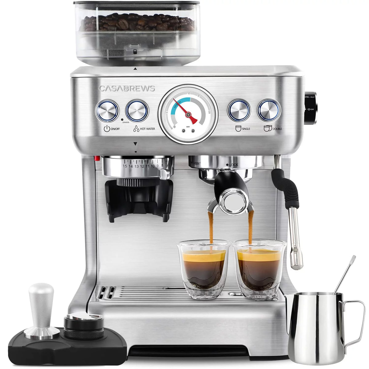 Silver Espresso Machine with Grinder and Milk Frother P1670
