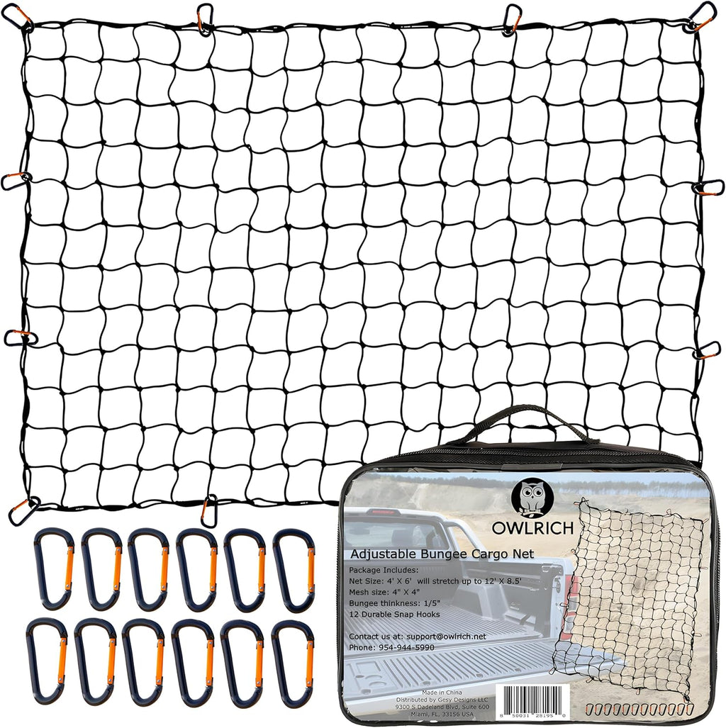 4'x6' Stretches to 12'x8.5' Durable Latex Mesh Bungee Cargo Net with 12 Metal Carabiners C5093