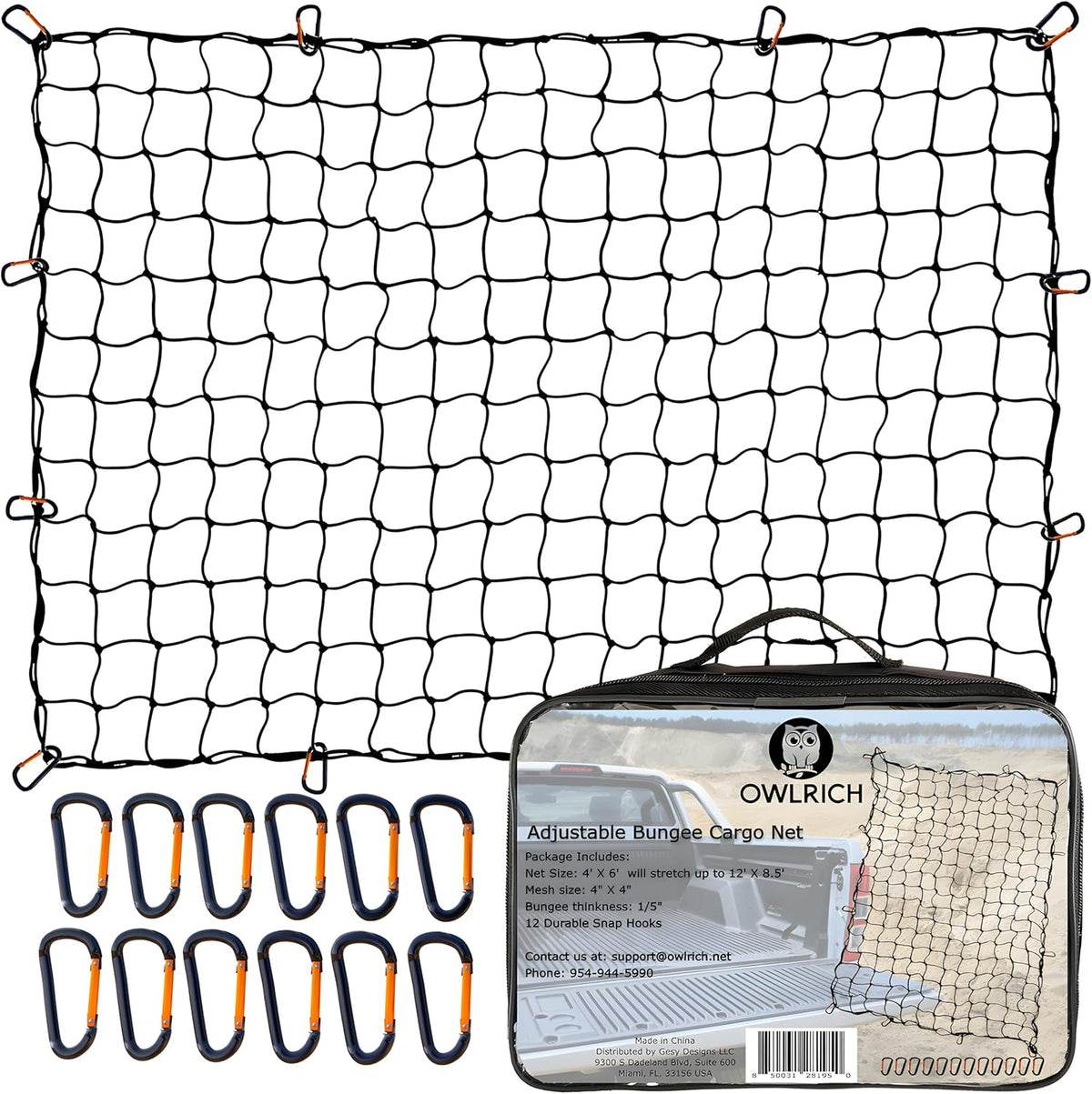 4'x6' Stretches to 12'x8.5' Durable Latex Mesh Bungee Cargo Net with 12 Metal Carabiners C5093