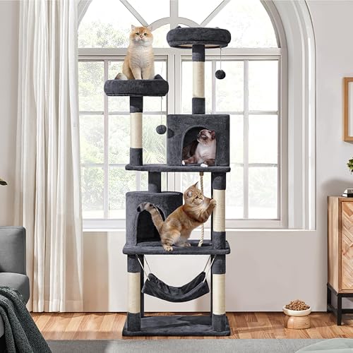 Dark Gray Cat Tree with Platform, Hammock, Scratching Posts L941351
