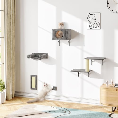 5-in-1 Wall-Mounted Cat Climber Set with House, Bridge, Steps, Scratcher, Hammock, Shelves Q44124