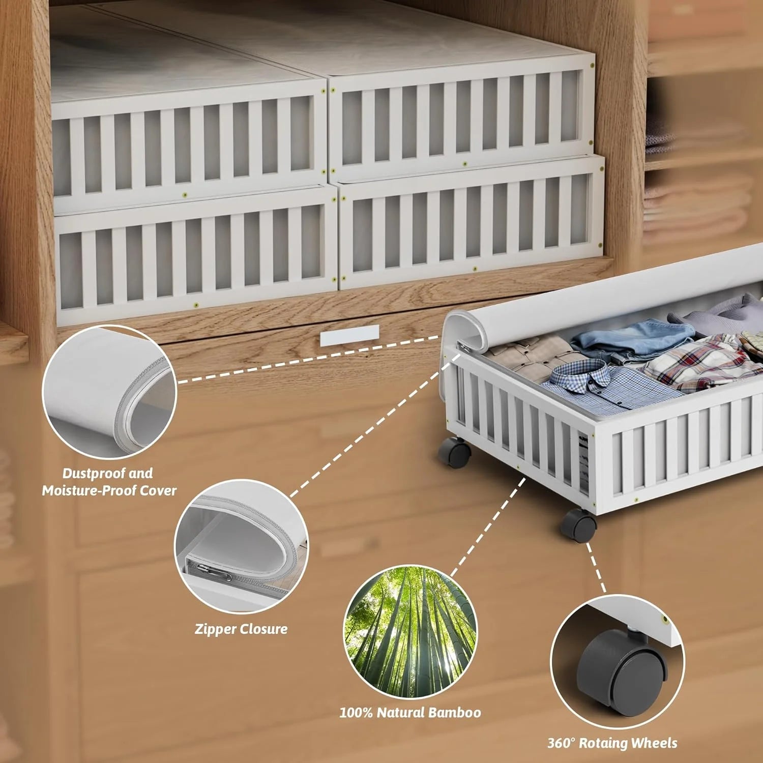 White 2 Pack Large Wood Rolling Underbed Storage Drawers Q23476