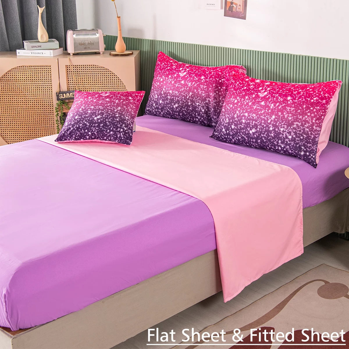 6Pcs Twin Gradient Pink Purple Glitter Comforter Sets P884178
