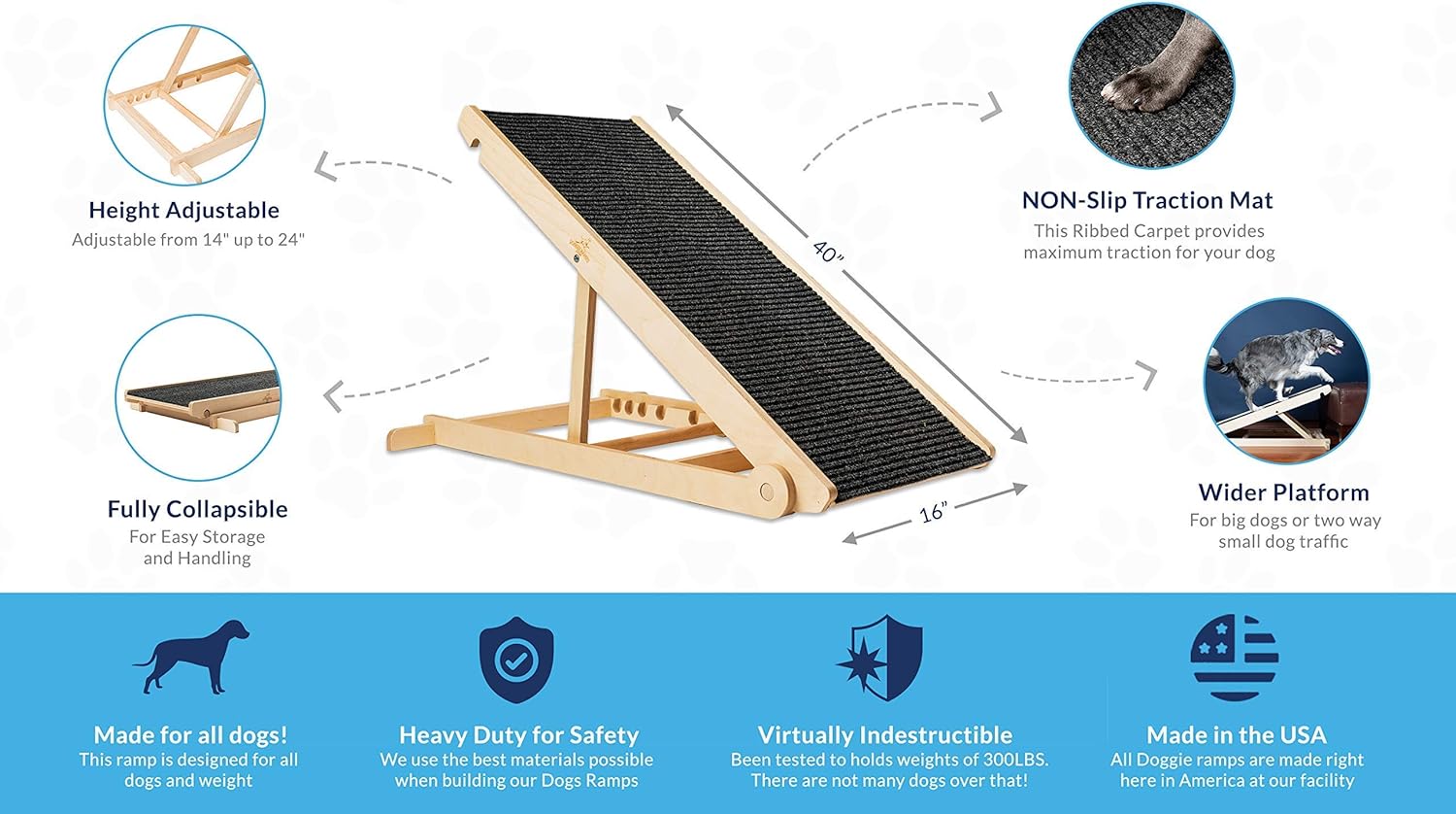 Adjustable Dog Ramp with Paw Traction Mat, 40" Long, 14” to 24”, Rated for 200LBS E948