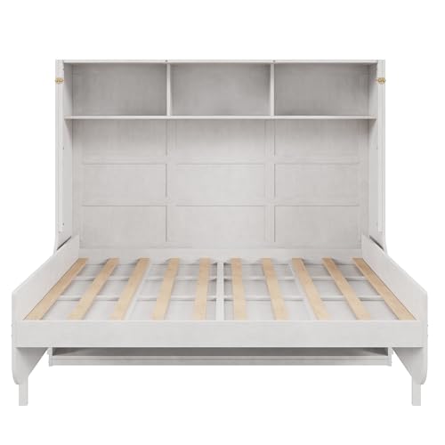 Antique White Full Size Murphy Bed with Desk and Storage Shelves N74819