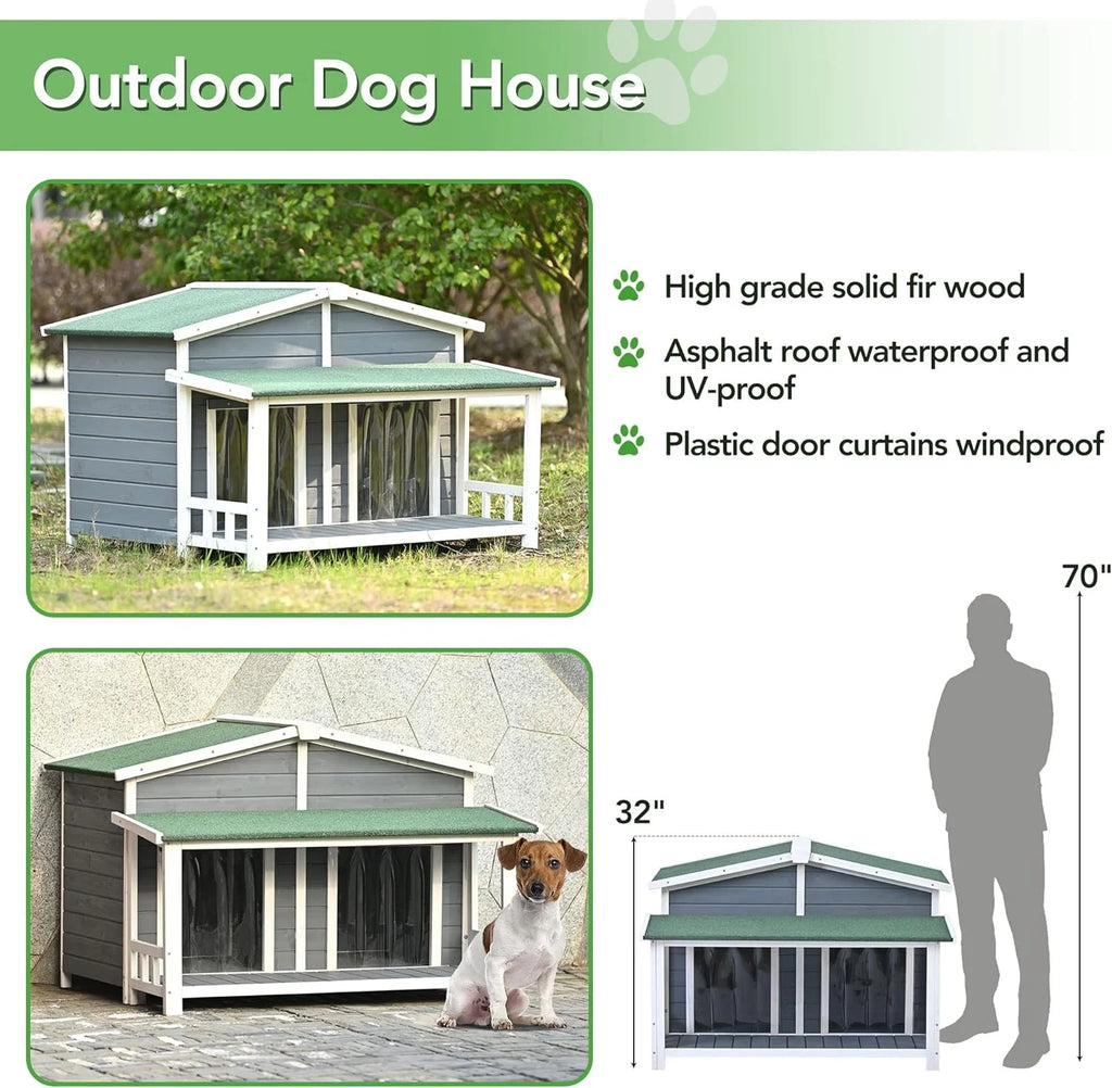 Gray Green Wooden Dog House with Porch 2 Doors F303