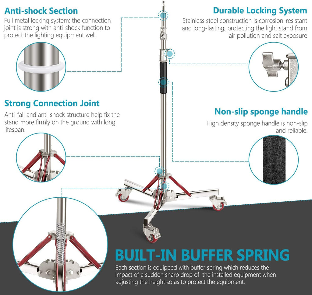 Heavy Duty Light Stand with Casters, Adjustable Tripod Stand, 100% Stainless Steel, Max Height: 10ft/305cm V99131
