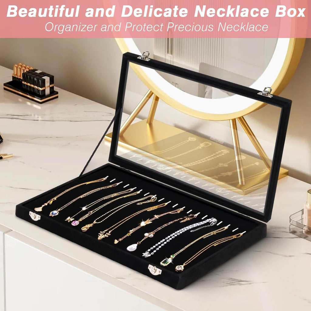 20 Hooks Velvet Jewelry Tray Necklace Organizer Box with Clear Lid M1059