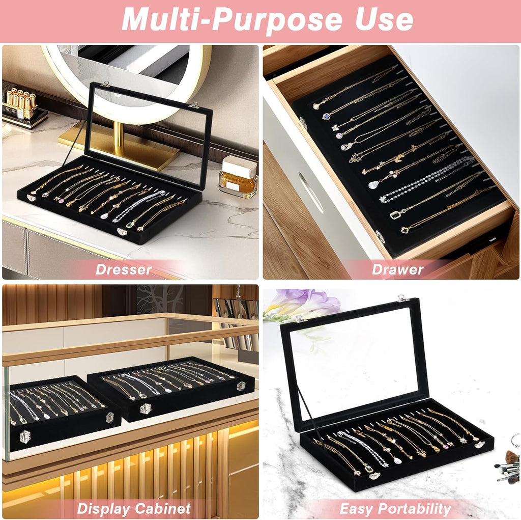 20 Hooks Velvet Jewelry Tray Necklace Organizer Box with Clear Lid M1059