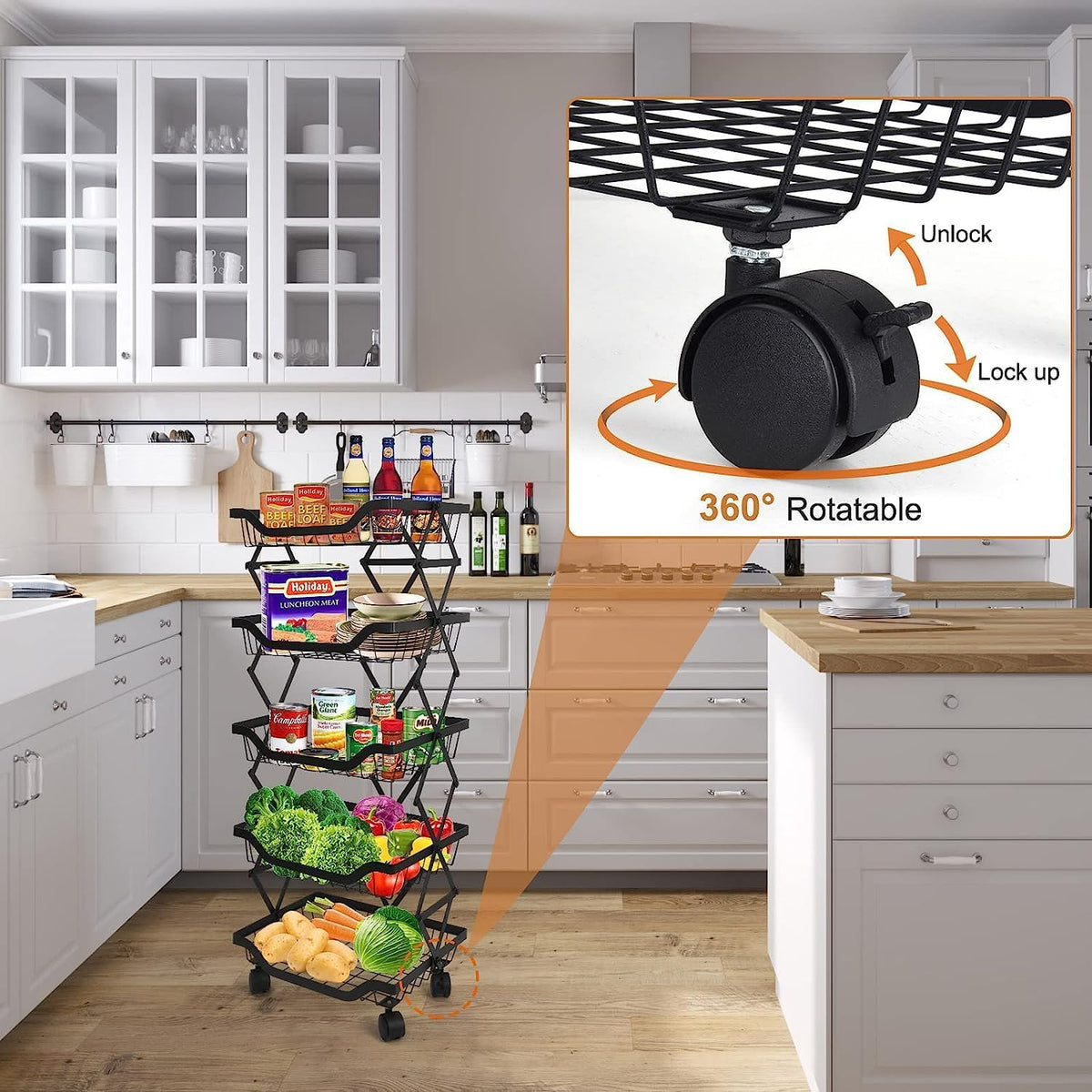 5 Tier Foldable Rolling Storage Cart with Lockable Wheels B1205
