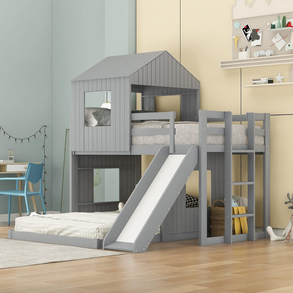 Gray Wood Twin Over Full Bunk Bed with Ladder and Slide R428