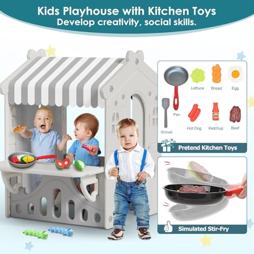 Kids Playhouse with Pretend Play Kitchen Toys Set Beige Gray S561