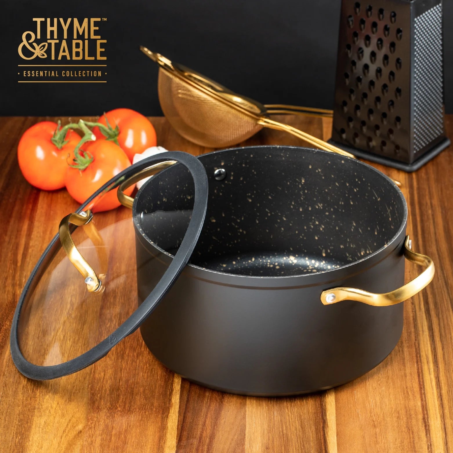 Non-Stick 5 QT Stock Pot with Glass Lid, Black & Gold Q537
