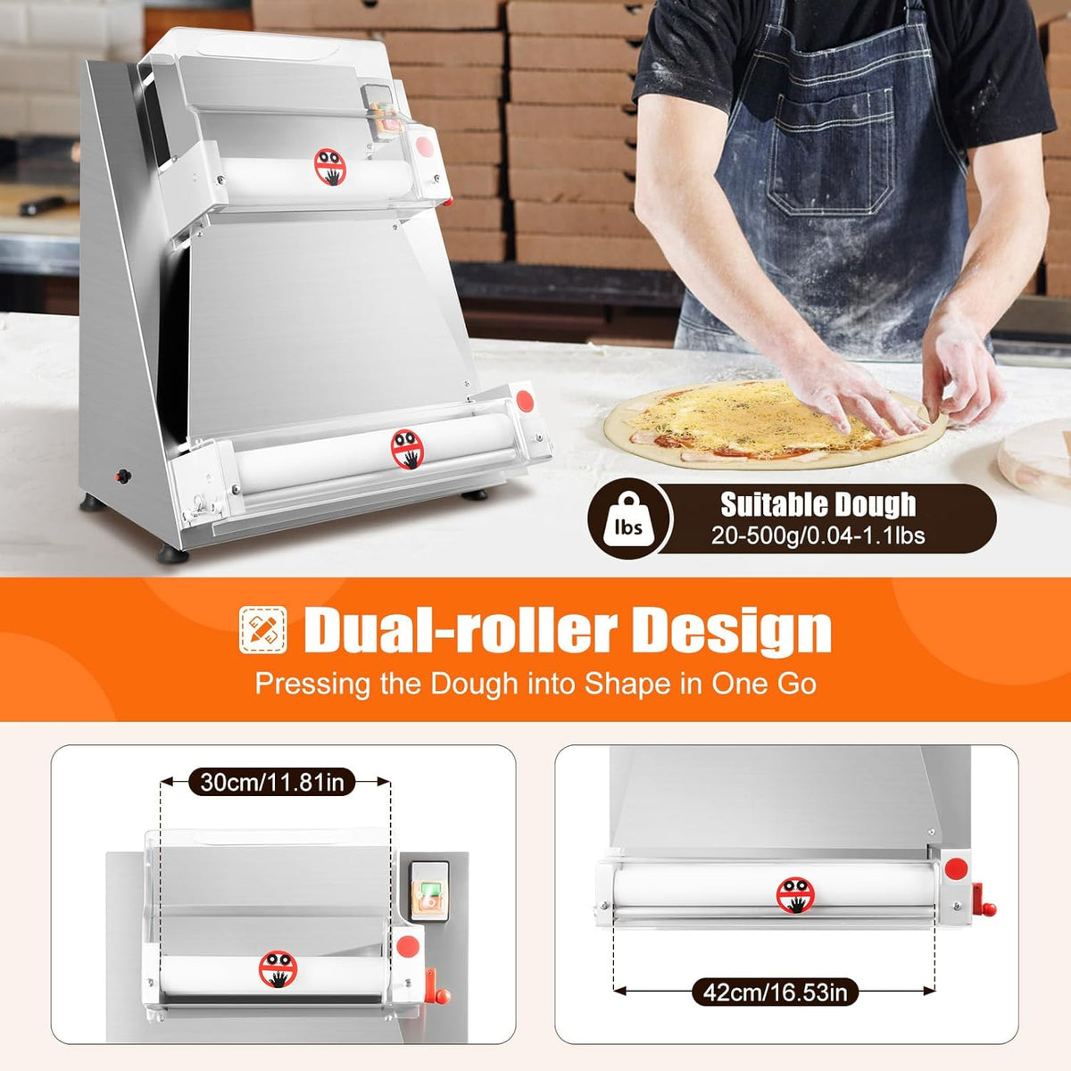 Commercial Electric Pizza Dough Sheeter, 15 Inch, 370W, Thickness 0.7-5.4mm K70018